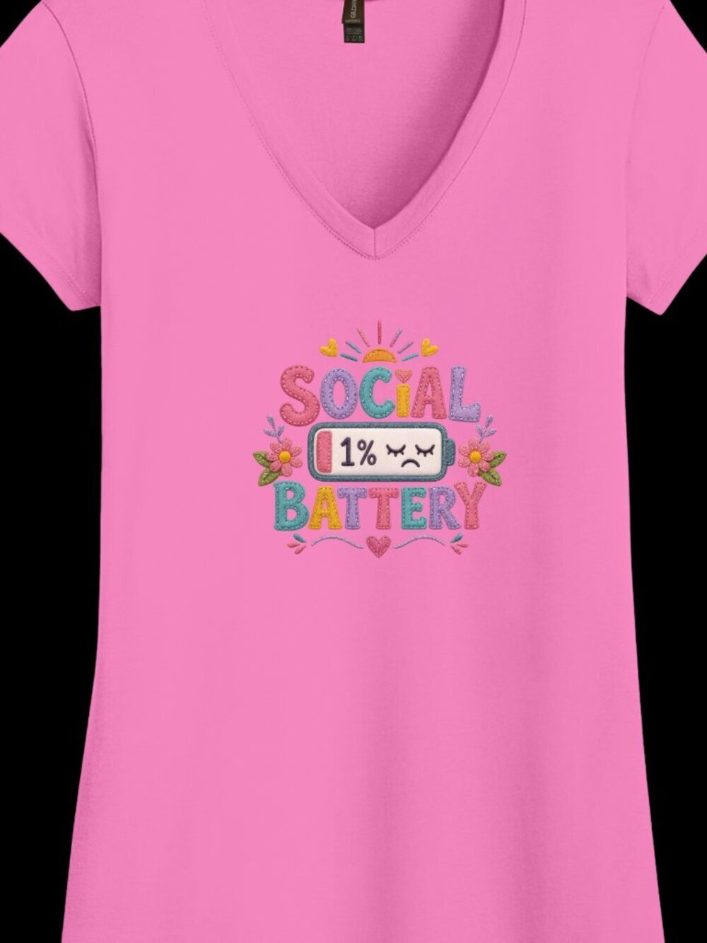 Social Battery 1% Women's Gildan Softstyle V-Neck Tee - Multiple Sizes and Color - Picture 2 of 7